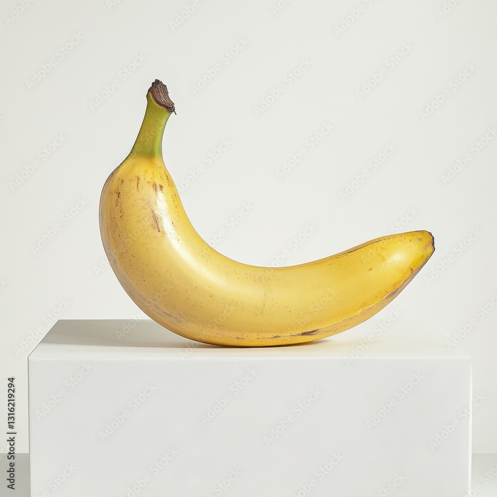 Poster ripe banana resting on a smooth surface showcases its vibrant yellow color and natural shape