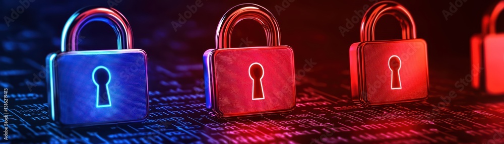 Poster neon locks with cybersecurity theme featuring colored padlocks and hacking interface background