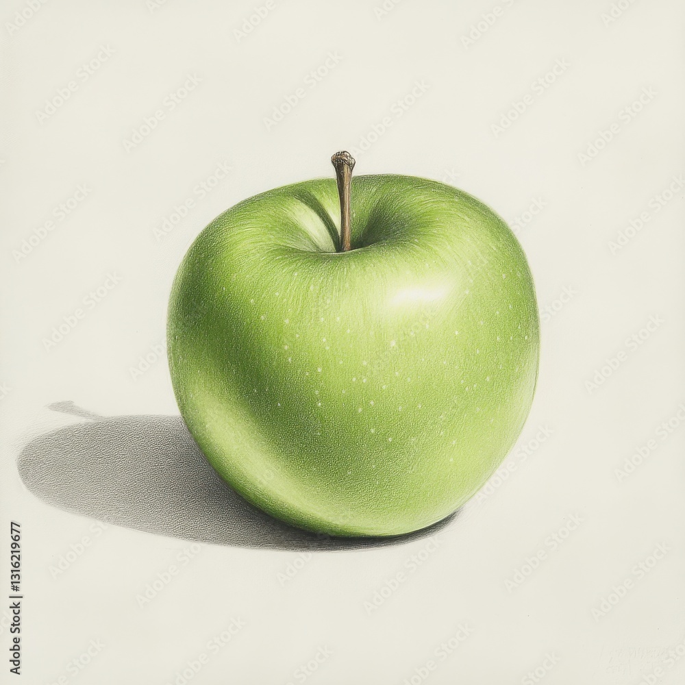 Poster Single shiny green apple showcasing its vibrant color and smooth texture on a light background in a minimalistic composition
