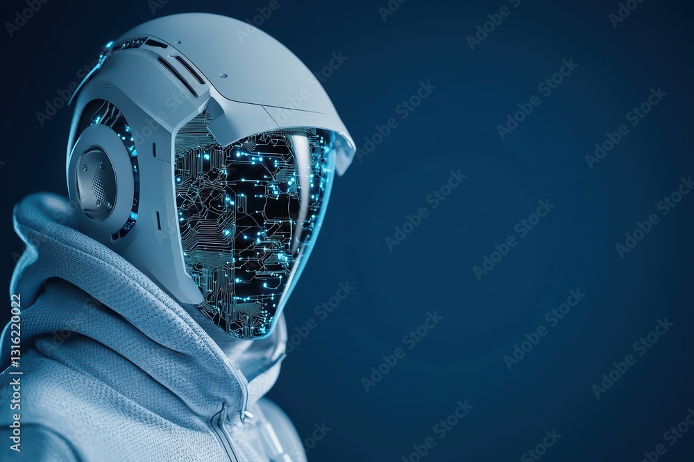 Poster futuristic robotic hacker with glowing neural links in a cyber environment