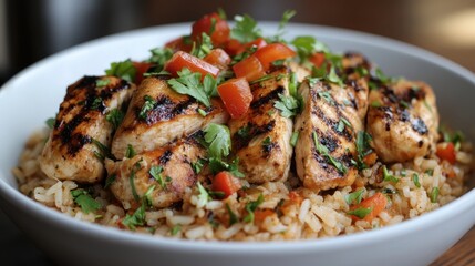 A symphony of flavors unfolds as seasoned rice, adorned with perfectly grilled chicken masterpieces, explodes with aromatic delight. Vibrant slices of red and green peppers, alongside fresh parsley,