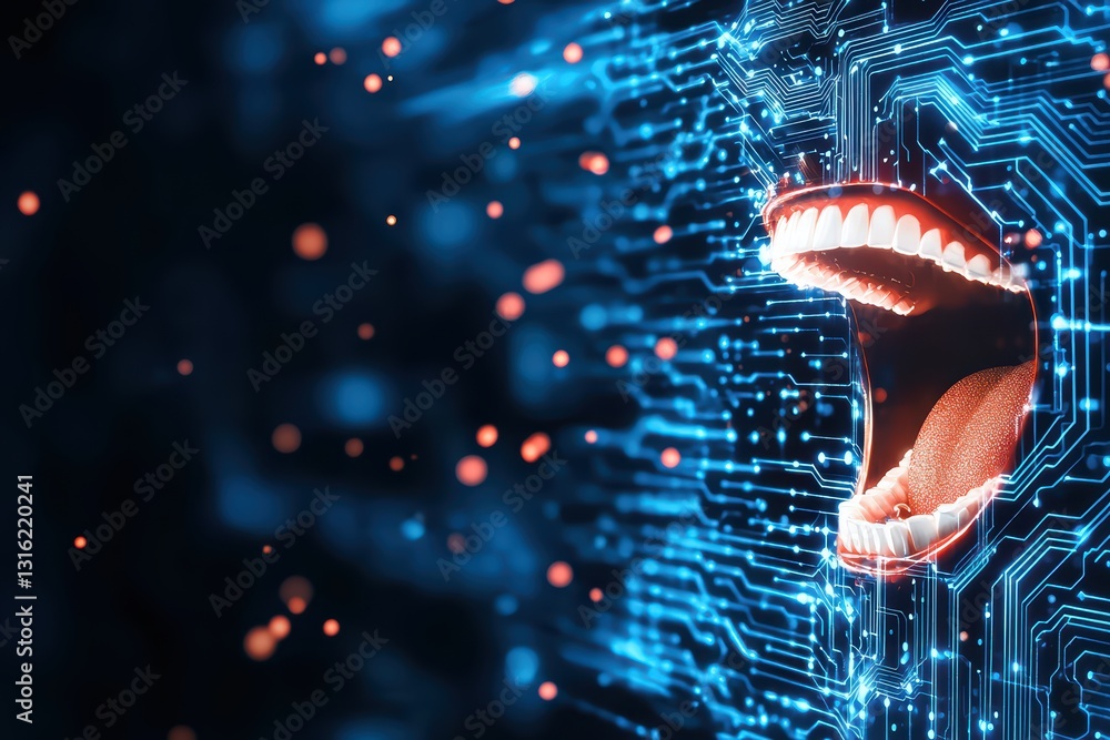 Poster digital void with laughing mouth representing rogue ai and cyber attack elements