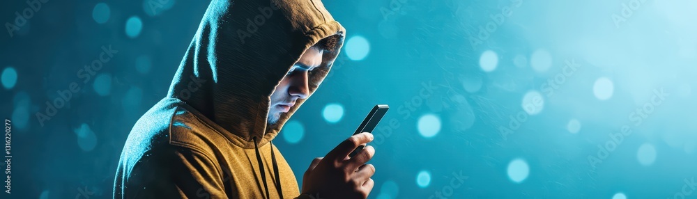 Poster mysterious hacker in hoodie engaged with mobile device in dark cyber environment