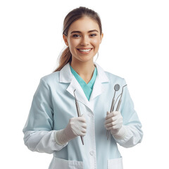 A professional female dentist stands confidently, smiling warmly while holding dental scaling tools in both hands. She wears a crisp white lab coat over light blue or teal scrubs