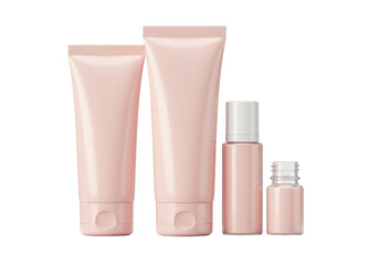 Isolated Set of Light Pink Cosmetic Tubes and Bottles