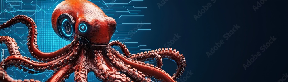 Poster surreal cybernetic octopus representing hacking in a global network concept of technology