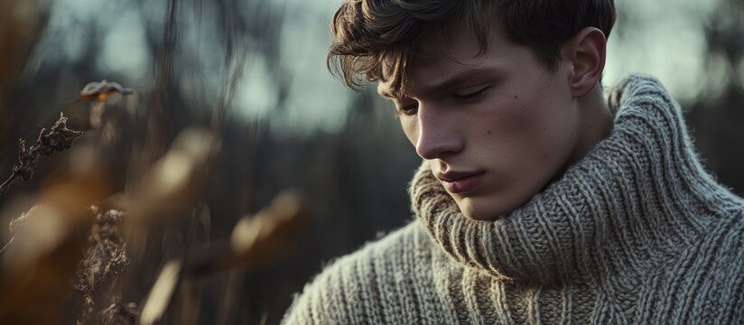 Pensive young man in a knit turtleneck sweater outdoors in autumn.