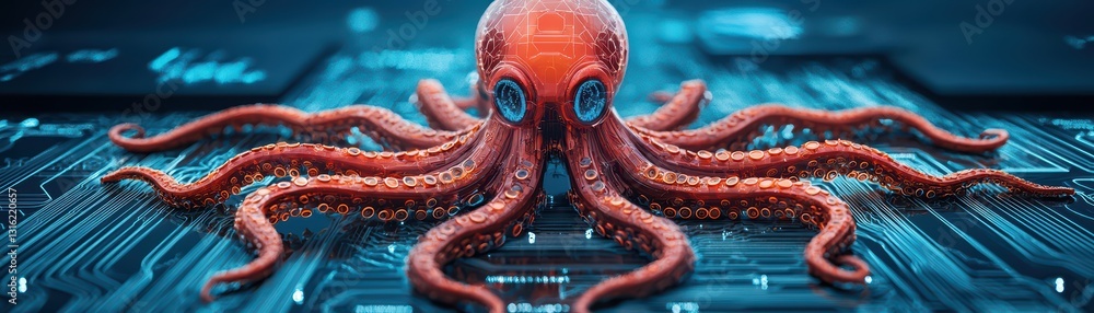 Poster surreal cybernetic octopus in a futuristic network with hacking elements and digital atmosphere