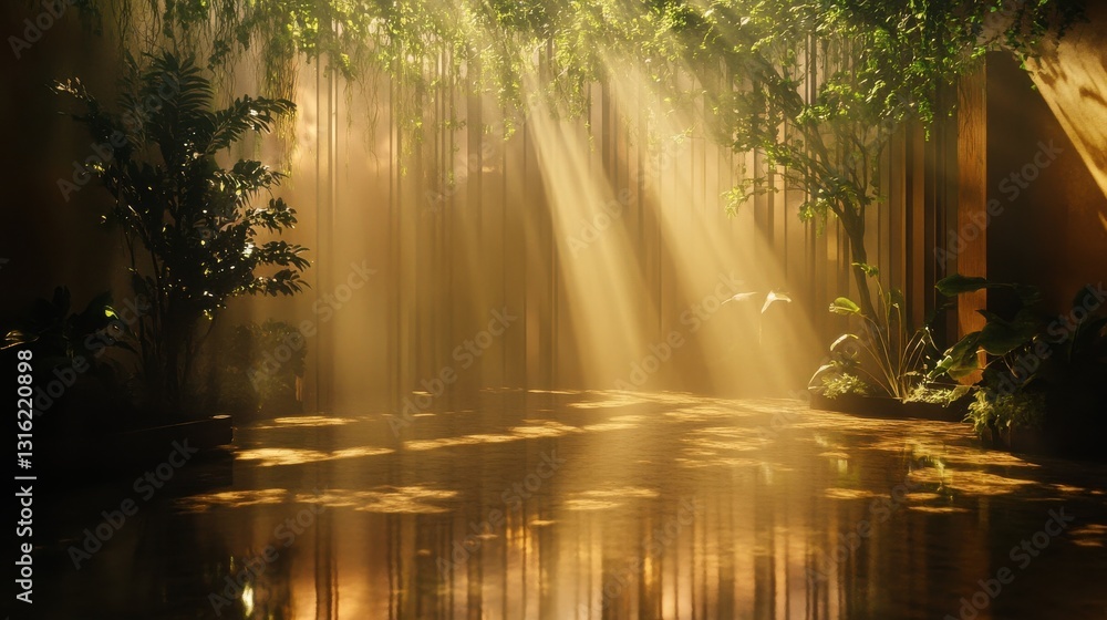 Aufkleber Serene forest setting bathed in soft green light with gentle beams of sunlight filtering through trees at dawn