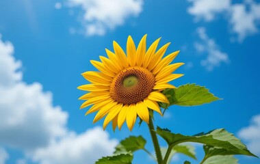 Obraz premium A close-up photo of a sunflower against a blue sky with fluffy white clouds