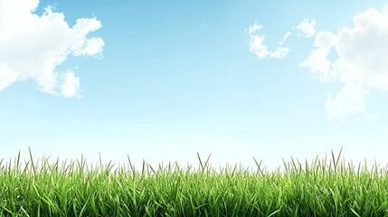 Vibrant Green Grass Field Under a Blue Sky with Fluffy Clouds