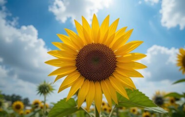 Fototapeta premium A close-up photo of a sunflower against a blue sky with fluffy white clouds