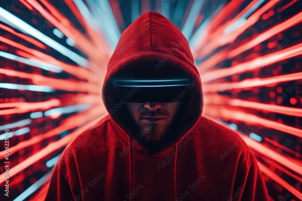 Poster intriguing concept of virtual reality with hacker figure in red and blue light background