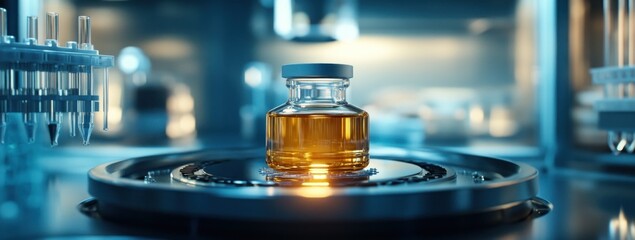Amber liquid vial on automated pharmaceutical production line.