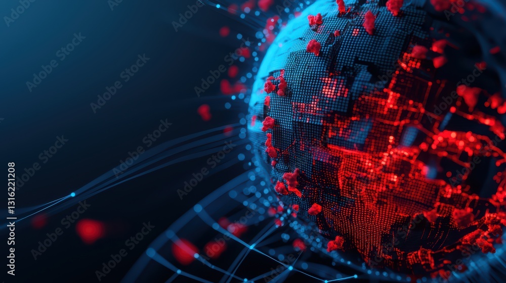 Poster futuristic cyber system under attack by virus and infecting malware in digital network sphere