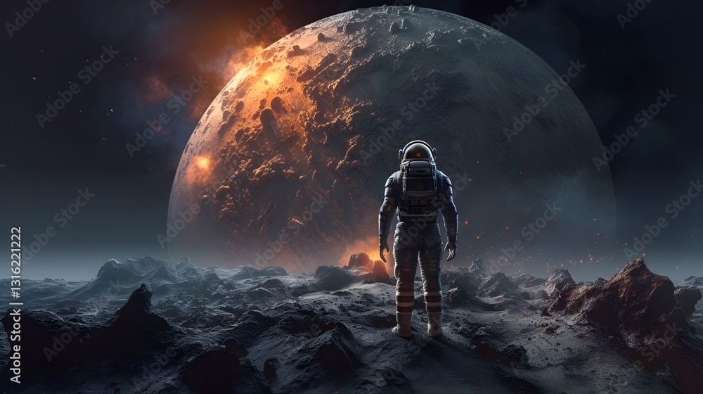 Poster a hyper-realistic view of an astronaut standing on a rocky alien planet, perfect for sci-fi and spac