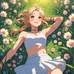 a anime girl in garden and relax is mind 