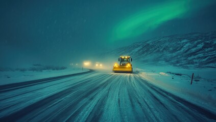Snowplow clearing a snowy road at night under the aurora borealis.