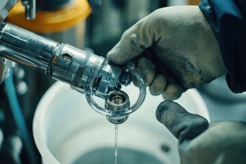 Close-up of gloved hands cleaning a metallic industrial part dripping liquid.