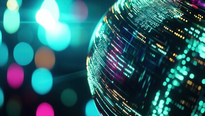 Futuristic digital globe with glowing lines and bokeh lights.