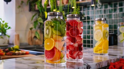 Colorful Fruit Infusion Jars Displayed on a Bright Kitchen Countertop with Fresh Ingredients
