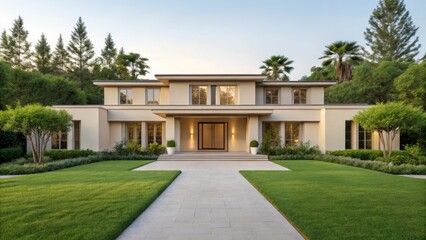 Obraz premium A modern, elegant house with a symmetrical facade, surrounded by lush greenery and a clean pathway leading to the entrance.