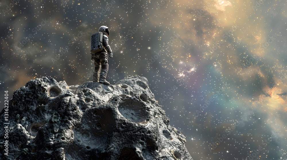 Poster a hyper-realistic view of an astronaut standing on a rocky alien planet, perfect for sci-fi and spac