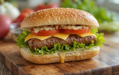A delicious sandwich on a wooden board with colorful vegetables in the background
