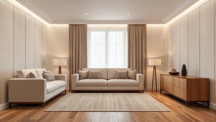 Fototapeta premium A modern living room featuring neutral tones, elegant furniture, and natural lighting, creating a cozy and inviting atmosphere.
