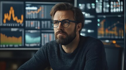 Fototapeta premium Thoughtful man in front of financial charts and data analysis visuals