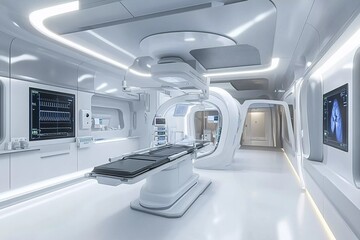 Futuristic hospital interior with advanced technology and sterile environment