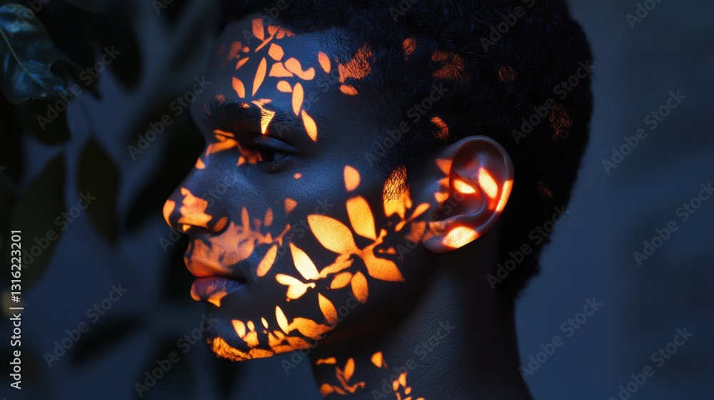 Poster mysterious profile of a man illuminated by vibrant patterns in a natural setting during twilight
