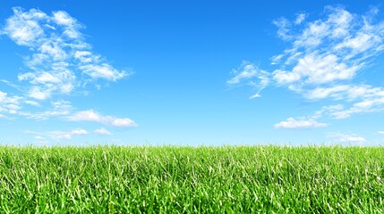 Obraz premium Vibrant Green Grass Field Under a Bright Blue Sky with Fluffy White Clouds