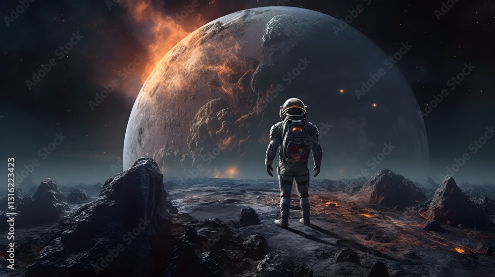 Poster a hyper-realistic view of an astronaut standing on a rocky alien planet, perfect for sci-fi and spac