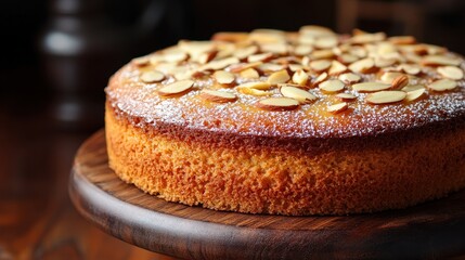 A golden-brown almond cake, its moist crumb kissed by a delicate glaze of slivered almonds, sits majestically on a rustic wooden platter. The entire cake is fully in view, adorned with a light