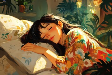 Fototapeta premium A cozy bedroom setting with a young woman comfortably asleep, her hair spread out on the pillow.