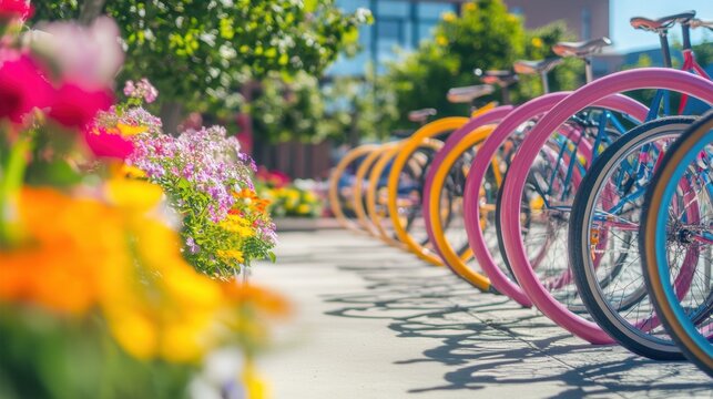 Modern bike parking station with vibrant colors and blooming flowers in a urban setting