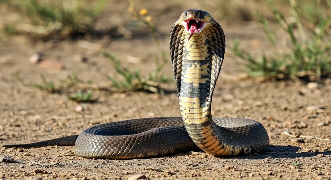 A Caspian Cobra (Naja Oxiana) Displaying a Full Defensive Aggression Posture in Response to an Unseen Threat 