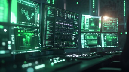 Fototapeta premium Dark room with multiple monitors displaying green data streams and charts.