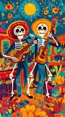 Fototapeta premium Two skeleton figures are depicted playing guitars together in celebration