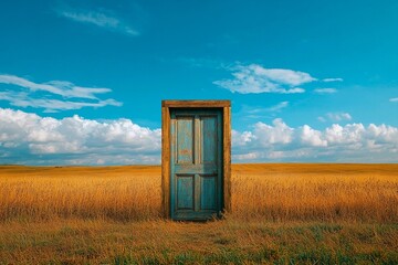 Mysterious door stands alone in a golden field under a dramatic sky