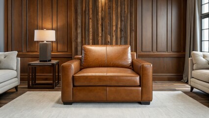 Fototapeta premium A cozy leather armchair sits in a warm, wooden-paneled room, complemented by a stylish lamp and a plush rug.