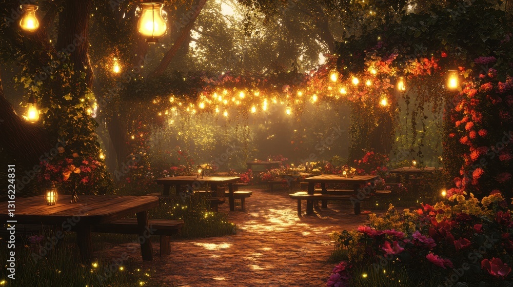 Poster harmonious picnic tables surrounded by glowing lanterns and blooming flowers in a serene garden sett