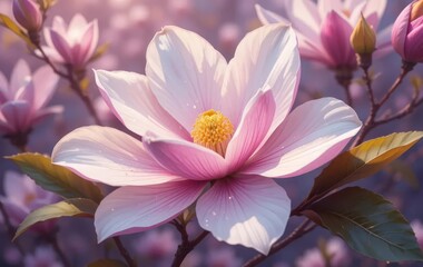 Fototapeta premium A digital painting of a pink and white Star Magnolia blossom against a dark background