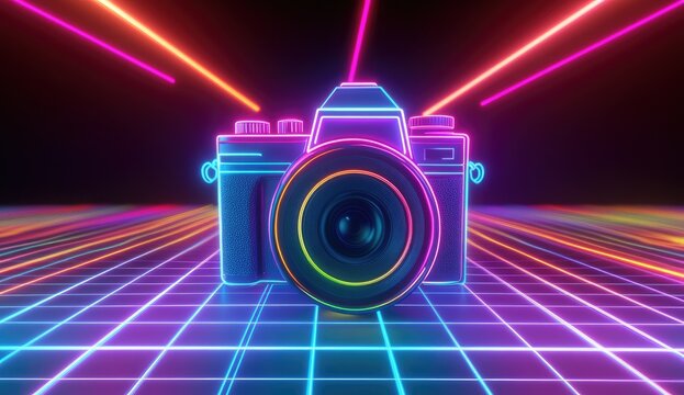 Retro camera in neon grid