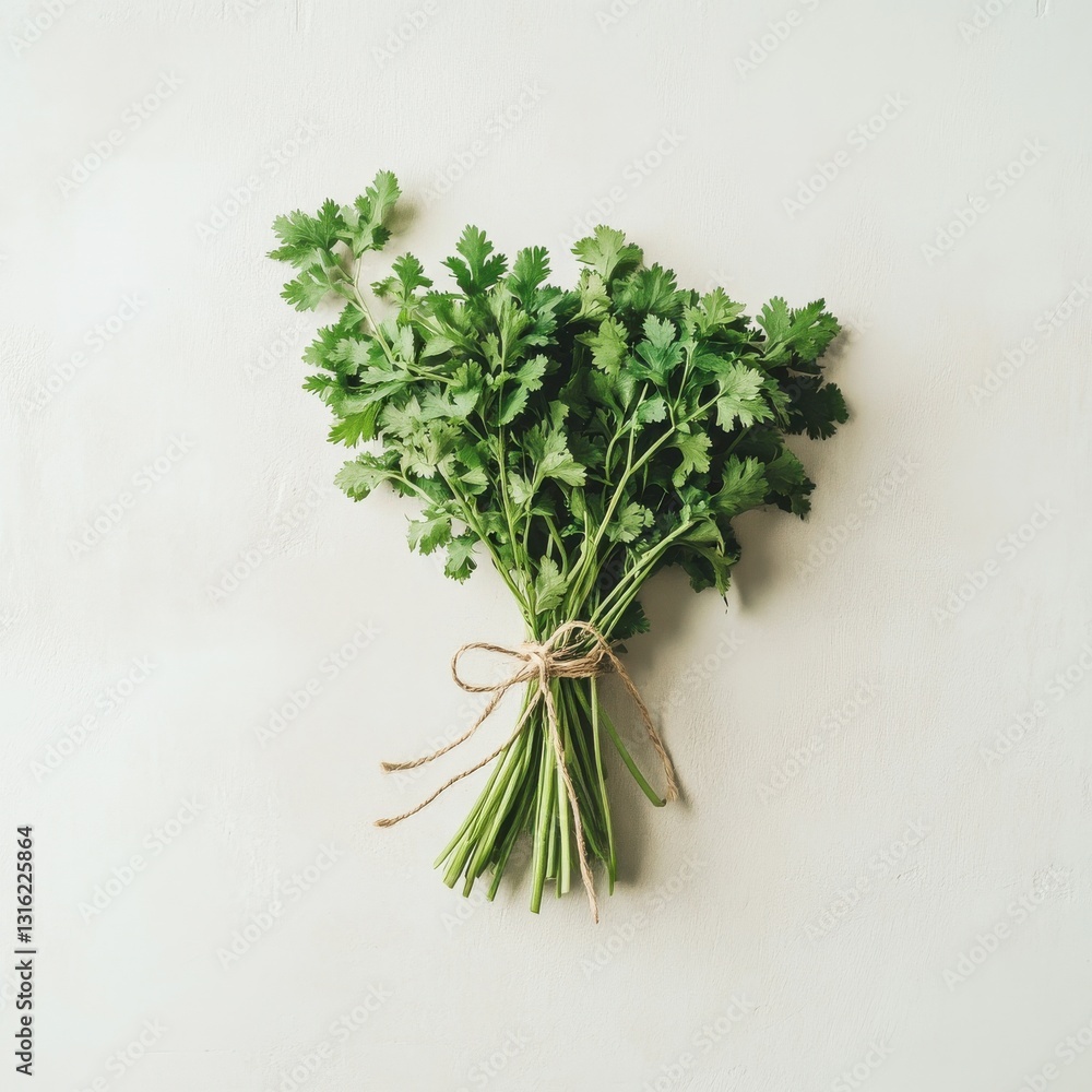 Poster Fresh bunch of cilantro tied with twine resting on a plain background showcasing its vibrant green color and aromatic leaves