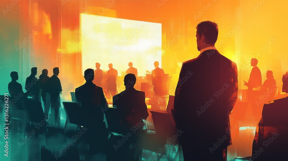 Aufkleber dynamic blend of participant silhouettes during an engaging presentation at an evening conference