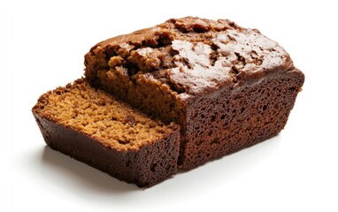 A loaf of dark brown bread, sliced, is presented against a stark white background. The bread has a moist and slightly glossy appearance.  The focus is sharp, highlighting the texture of the bread
