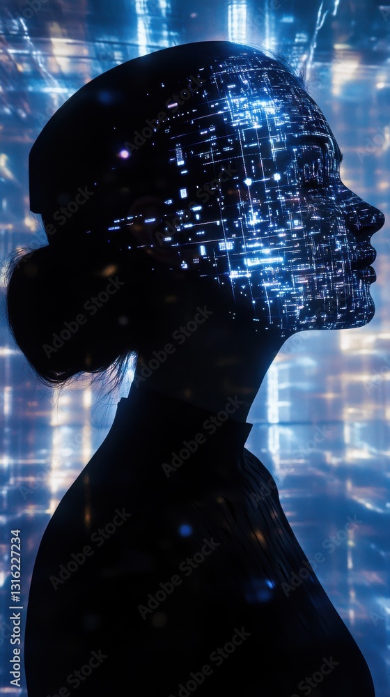 Poster woman's silhouette illuminated with vibrant digital patterns in a futuristic environment