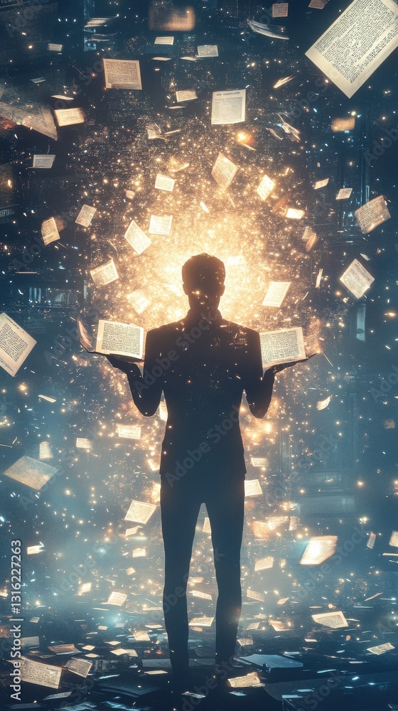 Aufkleber Man surrounded by glowing books in a mysterious library space at night exploring knowledge and imagination